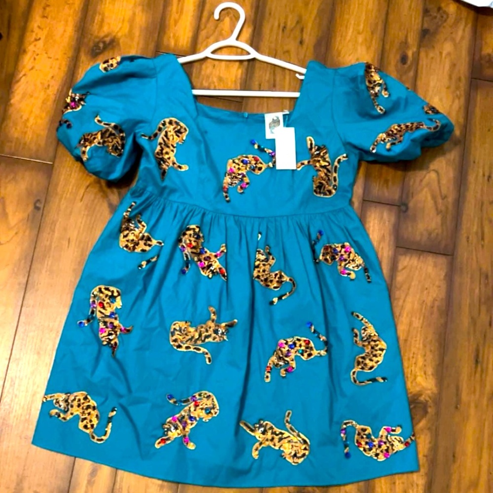 NWT Queen of Sparkles, teal leopard dress, Size Large. Orig $315!